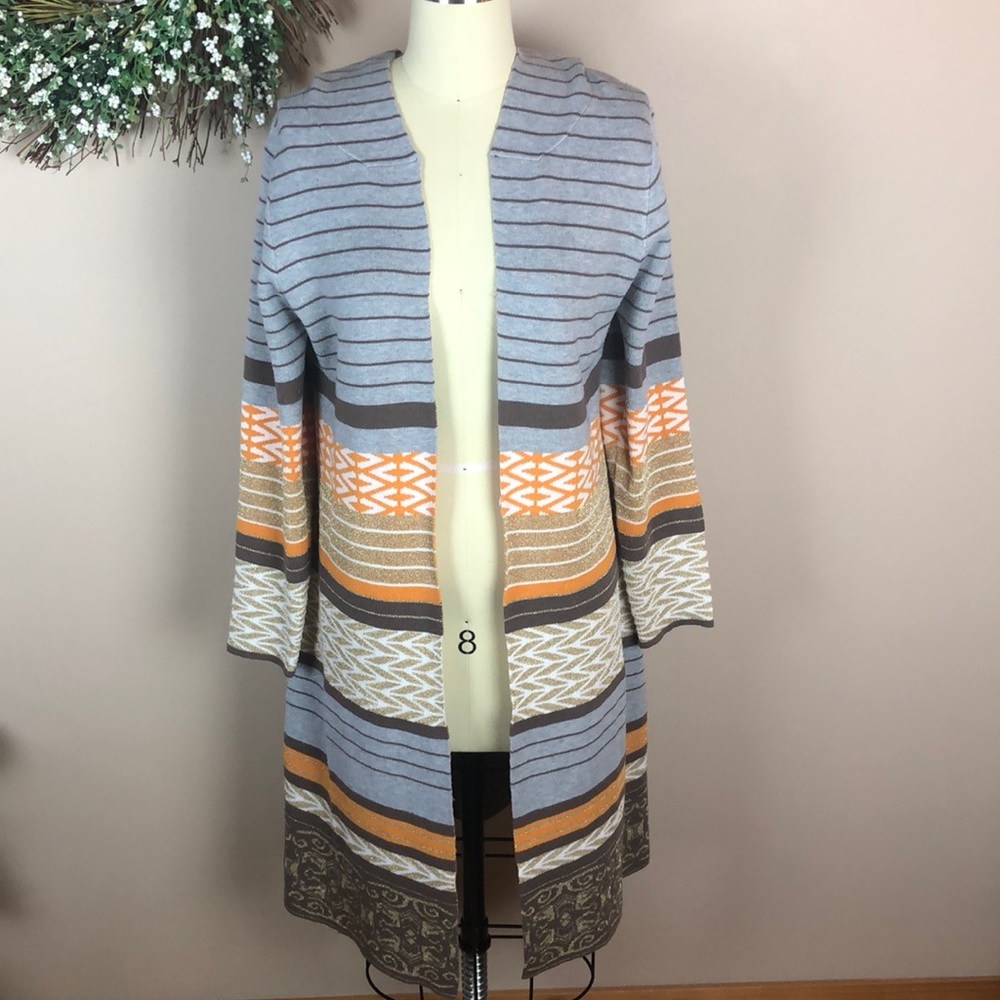 Young Threads Long Gray Striped Cardigan Sweater - Size Large